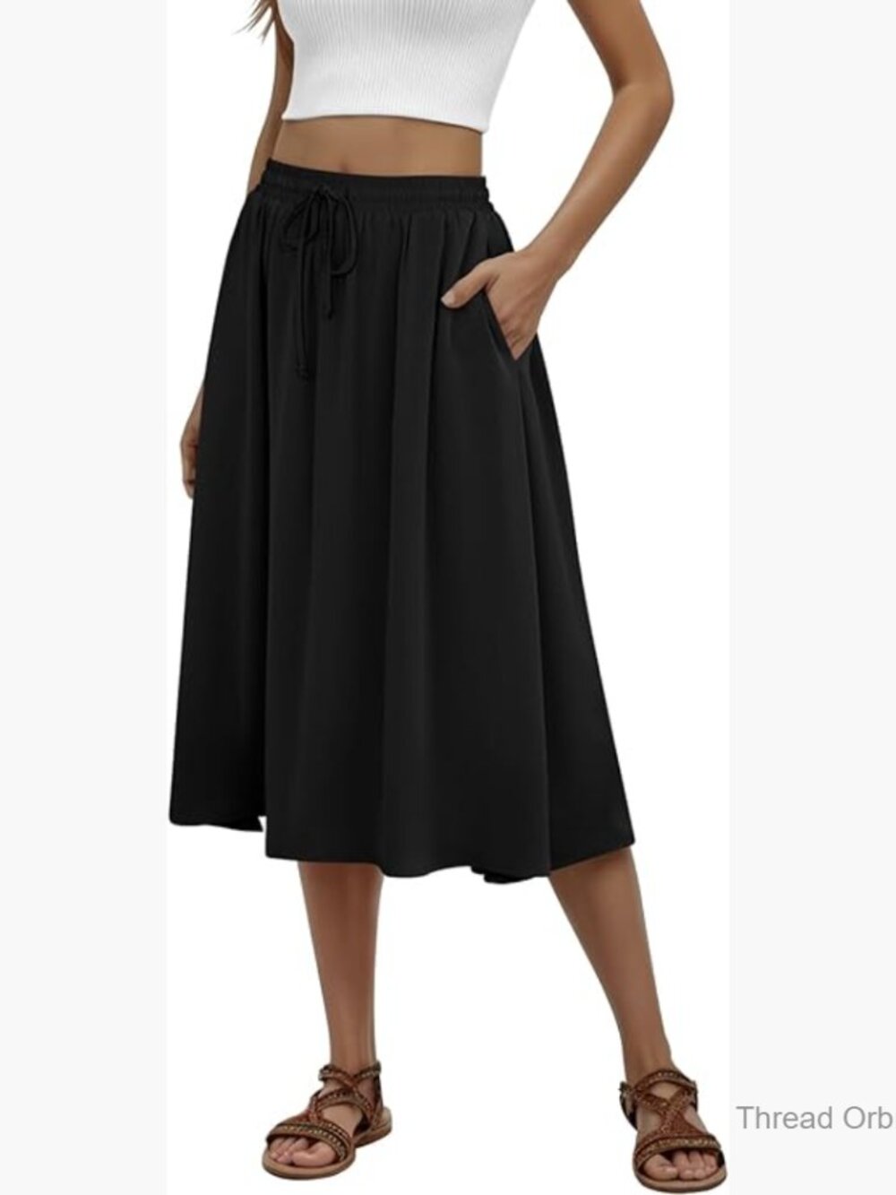 Midi Skirt with Pockets, Pleated Chiffon, Elastic Waist, Summer Flowy